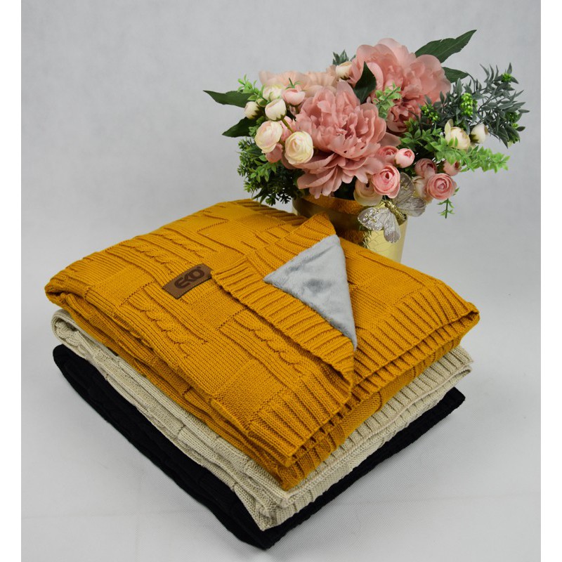 Knitted blanket with fur fabric lining BEIGE