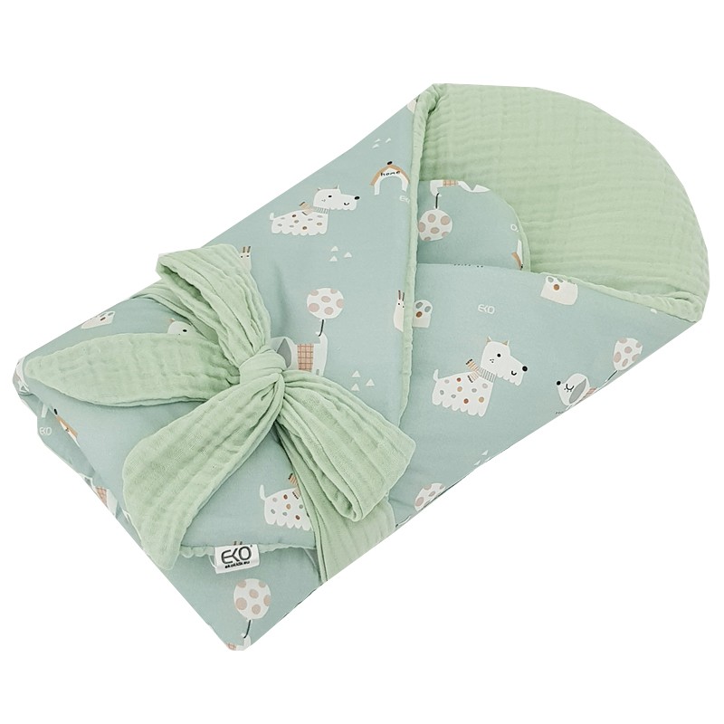 Printed Cotton+Muslin Swaddle Blanket with Coconut DOGS/MINT