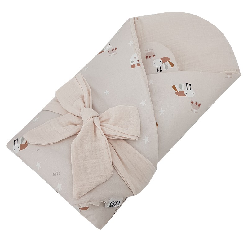 Printed Cotton+Muslin Swaddle Blanket with Coconut BEES/BEIGE Printed Cotton+Muslin Swaddle Blanket with Coconut BEES/BEIGE