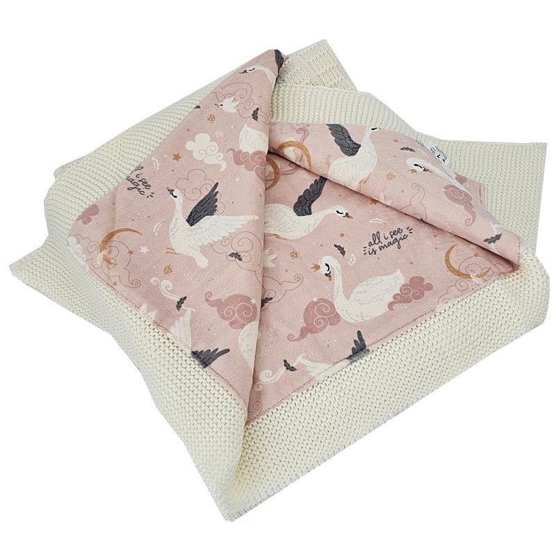 Knitted blanket  with fur fabric lining PINK SWANS/ECRU Knitted blanket  with fur fabric lining PINK SWANS/ECRU