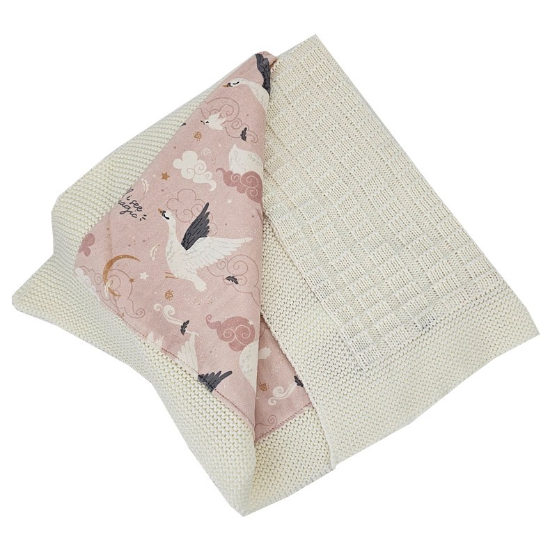 Knitted blanket  with fur fabric lining PINK SWANS/ECRU Knitted blanket  with fur fabric lining PINK SWANS/ECRU