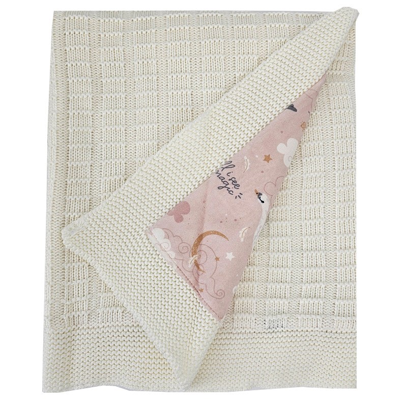 Knitted blanket  with fur fabric lining PINK SWANS/ECRU Knitted blanket  with fur fabric lining PINK SWANS/ECRU